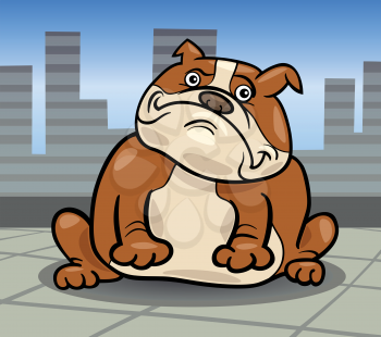Cartoon Illustration of Funny Purebred English Bulldog Dog against Urban City Scene