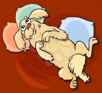Cartoon Illustration of Happy Fluffy Dog or Pekingese on Bed