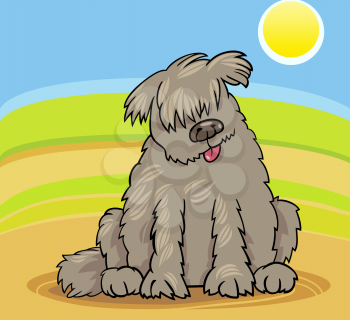 Cartoon Illustration of Funny Purebred Newfoundland Dog or Labrador Doodle or Briard against Blue Sky and Fields
