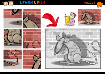Cartoon Illustration of Education Puzzle Game for Preschool Children with Funny Rat Animal