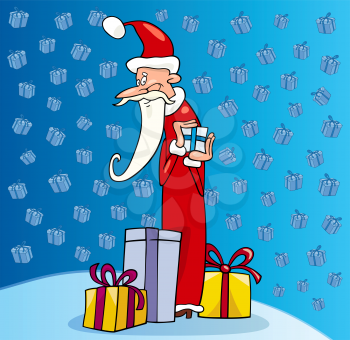 Cartoon Illustration of Funny Santa Claus or Papa Noel with Christmas Presents and Gifts