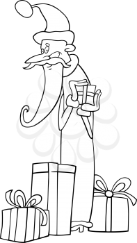 Cartoon Illustration of Funny Santa Claus or Papa Noel with Christmas Presents and Gifts for Coloring Book or Page