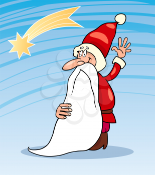 Cartoon Illustration of Funny Santa Claus or Papa Noel with Christmas Star