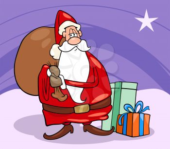 Cartoon Illustration of Funny Santa Claus or Papa Noel with Christmas Presents and Gifts and Sack