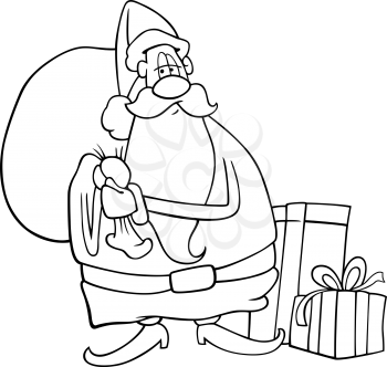 Cartoon Illustration of Funny Santa Claus or Papa Noel with Sack and Christmas Presents and Gifts for Coloring Book or Page