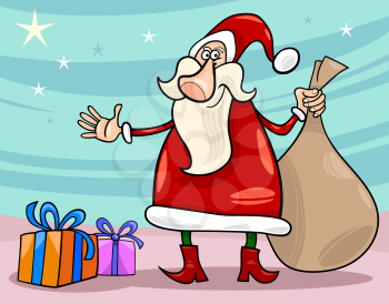 Cartoon Illustration of Funny Santa Claus or Papa Noel with Christmas Presents and Sack of Gifts