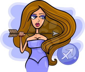 Illustration of Beautiful Woman Cartoon Character with Arrow and Sagittarius Horoscope Zodiac Sign