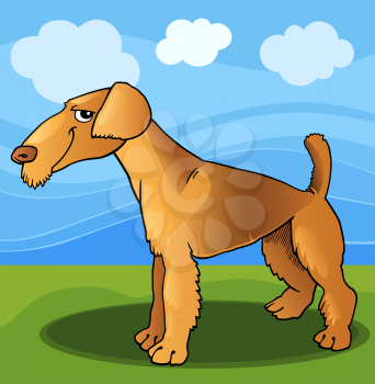 Cartoon Illustration of Funny Airedale Terrier Dog against Blue Sky