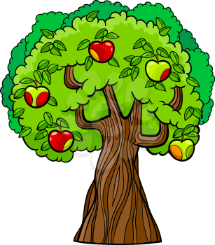 Cartoon Illustration of Apple Tree with Juicy Apples