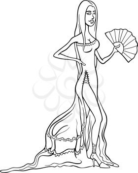 Black and White Cartoon Illustration of Beautiful Sexy Woman in Dress or Gown or Spanish Dancer