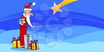 Greeting Card Cartoon Illustration of Santa Claus or Papa Noel or Father Christmas with Christmas Presents and Star