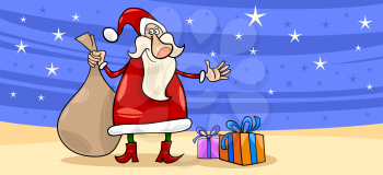 Greeting Card Cartoon Illustration of Santa Claus or Papa Noel or Father Christmas with Christmas Presents and Stars