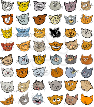 Cartoon Illustration of Different Happy Cats ot Kittens Heads Big Collection Set