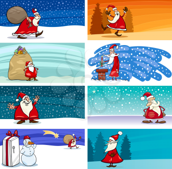 Cartoon Illustration of Greeting Cards with Santa Claus or Papa Noel or Father Christmas and other Holiday Themes Set