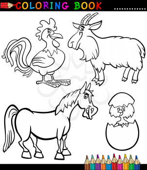 Black and White Coloring Book or Page Cartoon Illustration Set of Funny Farm and Livestock Animals for Children