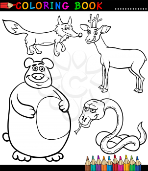 Black and White Coloring Book or Page Cartoon Illustration Set of Funny Wild Animals for Children