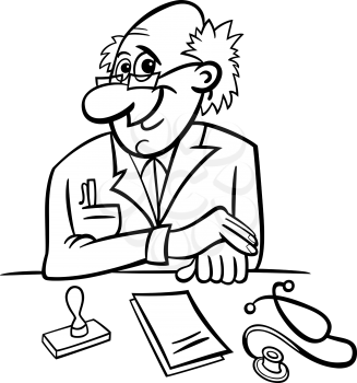 Black and White Cartoon Illustration of Male Medical Doctor in Clinic Consulting Room with Stethoscope and Prescriptions