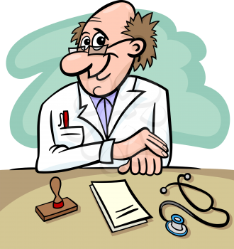 Cartoon Illustration of Male Medical Doctor in Clinic Consulting Room with Stethoscope and Prescriptions