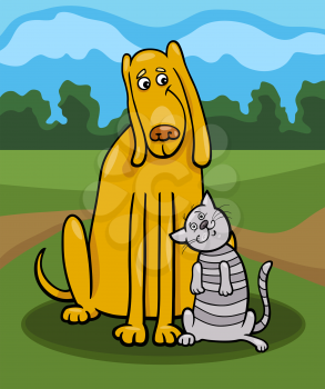 Cartoon Illustration of Funny Dog and Cute Tabby Cat in Friendship and Rural Scene