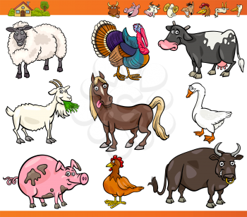 Cartoon Illustration Set of Happy Farm and Livestock Animals isolated on White