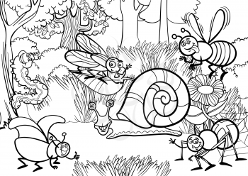 Black and White Cartoon Illustration of Funny Insects or Bugs on the Meadow Natural Rural Background Scene for Coloring Book