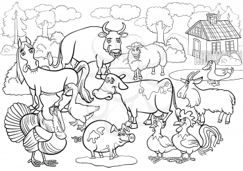 Black and White Cartoon Illustration of Country Scene with Farm Animals Livestock Big Group for Coloring Book