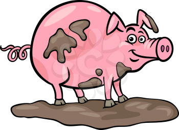 Cartoon Illustration of Funny Pig Farm Animal in Mud