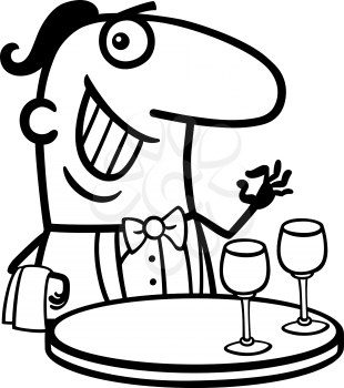 Black and White Cartoon Illustration of Funny Male Waiter in Restaurant Profession Occupation for Coloring Book