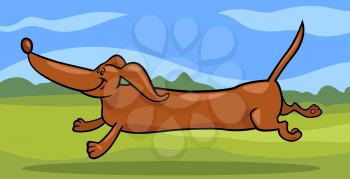 Cartoon Illustration of Cute Running Dachshund Dog against Rural Scene with Green Fields and Blue Sky
