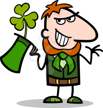 Cartoon Illustration of Happy Leprechaun with Green Clover or Trefoil in his Hat on St Patricks Day Holiday