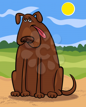 Cartoon Illustration of Funny Big Brown Dog against Rural Scene