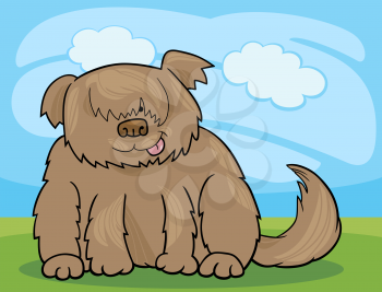 Cartoon Illustration of Funny Shaggy Sheepdog or Bobtail Dog against Blue Sky with Clouds