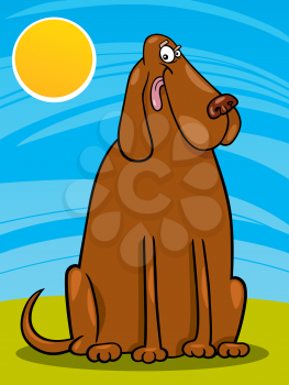 Cartoon Illustration of Funny Big Brown Dog against Blue Sky with Sun
