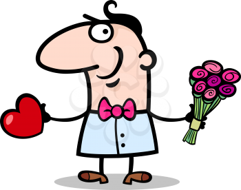 Cartoon St Valentines Illustration of Happy Funny Man in Love with Valentine Card and Bunch of Flowers