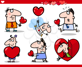 Cartoon Illustration of Happy Men Valentines Day or Love Themes with Heart, Valentine Cards, Balloon and Candy