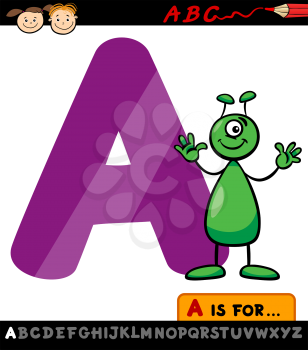 Cartoon Illustration of Capital Letter A from Alphabet with Alien for Children Education