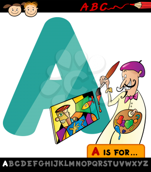 Cartoon Illustration of Capital Letter A from Alphabet with Artist for Children Education