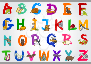 Cartoon Illustration of Colorful Alphabet Letters Set from A to Z with Funny Animals