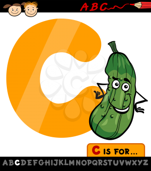 Cartoon Illustration of Capital Letter C from Alphabet with Cucumber for Children Education