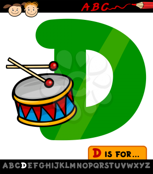 Cartoon Illustration of Capital Letter D from Alphabet with Drum for Children Education