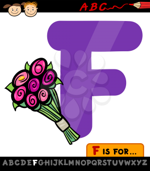 Cartoon Illustration of Capital Letter F from Alphabet with Flowers for Children Education