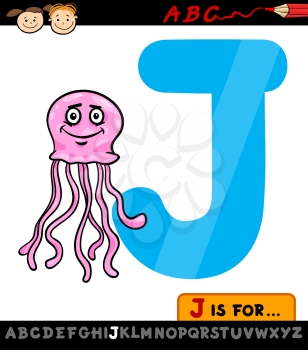Cartoon Illustration of Capital Letter J from Alphabet with Jellyfish for Children Education