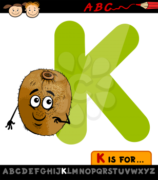 Cartoon Illustration of Capital Letter K from Alphabet with Kiwi for Children Education
