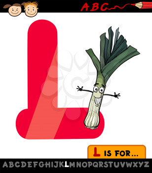 Cartoon Illustration of Capital Letter L from Alphabet with Leek for Children Education