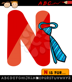 Cartoon Illustration of Capital Letter N from Alphabet with Necktie for Children Education