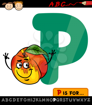 Cartoon Illustration of Capital Letter P from Alphabet with Peach for Children Education