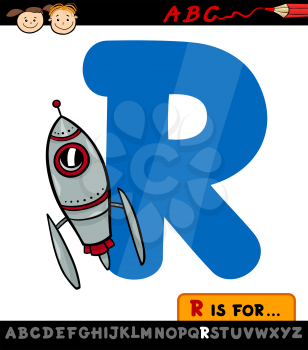 Cartoon Illustration of Capital Letter R from Alphabet with Rocket for Children Education