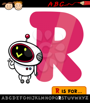Cartoon Illustration of Capital Letter R from Alphabet with Robot for Children Education