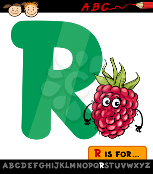 Cartoon Illustration of Capital Letter R from Alphabet with Raspberry for Children Education