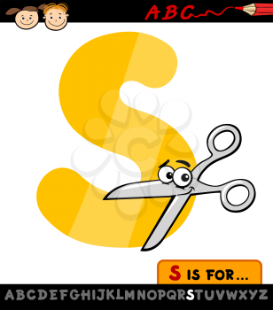 Cartoon Illustration of Capital Letter S from Alphabet with Scissors for Children Education